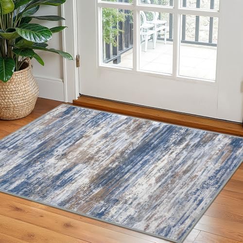 KOZYFLY Abstract Small Area Rug 2x3 Entryway Rugs Indoor Washable Blue Rust | Non Slip, Low Pile, Non-Shedding, Modern Design, Ultra Soft, Indoor Accent for Entrance Kitchen Bedroom Bedside Office - color: Blue Rust White, size: 2' x 3' (Rectangular)