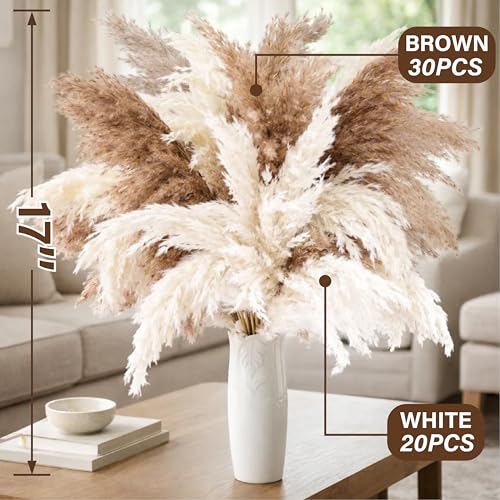 50 PCS Tall Pampas Grass for Floor Vase – 17" Natural Fluffy Dried Pampas Grass Stems, Large 20 White & 30 Brown Pоmpas Grass, Boho Pampas for Wedding, Home Decor, Halloween, Christmas