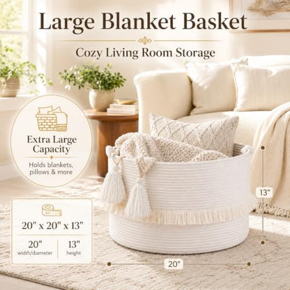 KAKAMAY Large Blanket Basket (20"x13"),Woven Baskets for storage Baby Laundry Hamper, Cotton Rope Blanket Basket for Living Room, Laundry, Nursery, Pillows, Baby Toy chest (White) | Extra Large Capacity,Blanket Storage | Laundry Basket | Natural Cotton Ro