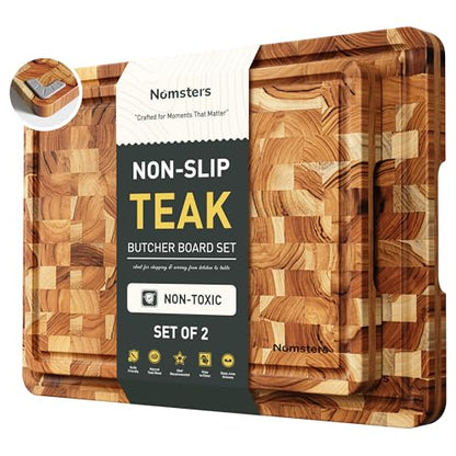 Teak Wood End Grain Cutting Board Set of 2 with Non-slip Feet, Reversible Cutting Boards for Kitchen with Juice Grooves and Handles Non Toxic Chopping Board Butcher Block Serving Tray Kitchen Gift - size: Multiple Sizes (Set of 2)