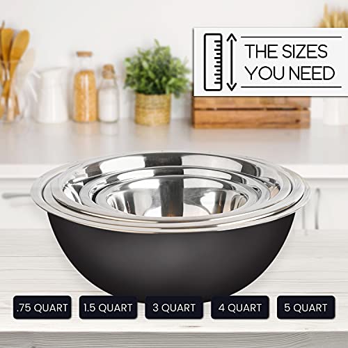 Stainless Steel Mixing Bowls Set, 5-Piece Meal Prep & Food Storage | .75, 1.5, 3, 4 & 5 Quart Metal Mixing Bowls Set for Prep, Serving, Baking & Food Storage, Ecofriendly, Dishwasher Safe, Black - color: Black