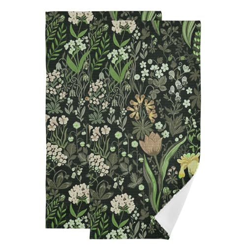 2 Pack Green Olive Floral Leave Hand Towels for Bathroom,Soft Absorbent Vintage Colorful Wildflower Leaf Botanical Black Decorative Guest Bathroom Towels,Quick Dry Dish Kitchen Towels 14"x28" - color: Black Green