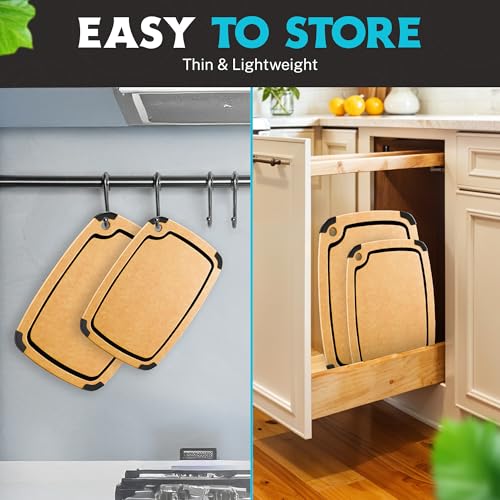 Dishwasher Safe Cutting Boards for Kitchen - Set of 2 Composite Wood Cutting Boards with Juice Groove, Non Slip Feet, Non Porous Chopping Boards, Heat Resistant up to 350°F (14.5x11 + 11.7x9.3 Inch) - color: Natural with Black Grooves