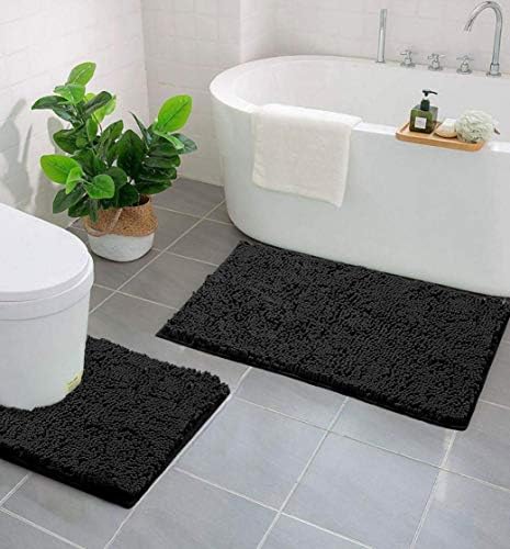 LuxUrux Bathroom Rugs Sets 2 Piece: Quick Dry, Soft Plush Anti-Slip, Super Absorbent. Includes Rectangular (31x20 inches) & U-Shaped Toilet Mat (20x20 inches) | Black - color: Black, size: 2 Piece Set