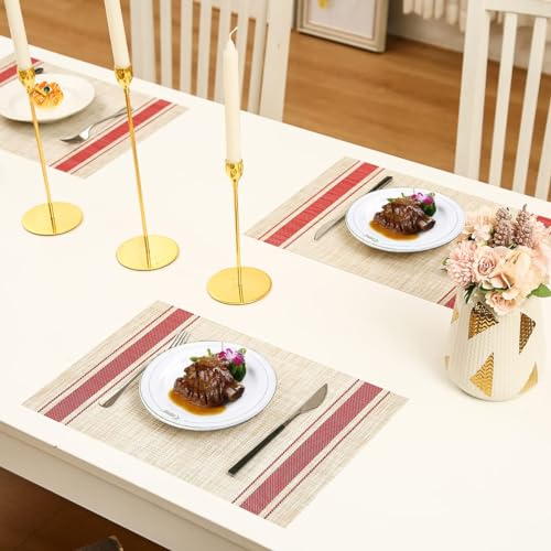 DACHUI Placemats Set of 8, Heat Resistant, Washable Woven Vinyl Place Mats - color: Red Stripes, size: 8PCS