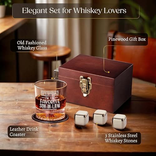 shop4ever It's Official, Favorite Son In Law Whiskey Gift Set, With Glass | Leather Coaster, Stainless Steel Stones, Wood Box, Gift For Men, Fathers Day Present, Wedding Idea, In Law Gift