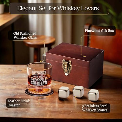 shop4ever It's Official, Favorite Son In Law Whiskey Gift Set, With Glass | Leather Coaster, Stainless Steel Stones, Wood Box, Gift For Men, Fathers Day Present, Wedding Idea, In Law Gift