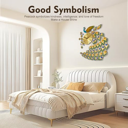 Large Peacock Wall Clock, 29.5" Luxury 3D Wall Clock Non-Ticking Silent Gold Metal Decorative Wall Clock Art Digital Wall Decor for Living Room Bedroom Office - size: 25.59*29.53in