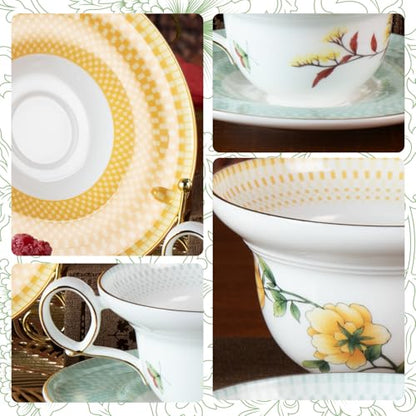 KAMMAK Tea Cups Set of 2,Ceramic Floral Pattern Demitasse Cup | Porcelain Espresso Cup with Saucer, 5.92 oz Handmade Elegant Bone China Tea Cups for Latte, Americano, Cappuccino - color: Ode to Spring (A.Green+B.Yellow)