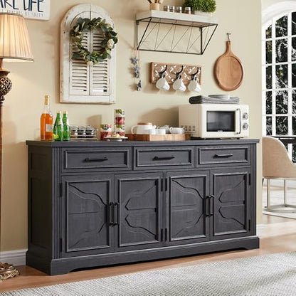 66" Farmhouse Buffet Cabinet with Storage, Sideboard Credenza, Carved Cloud-Inspired Doors, 3 Drawers & Adjustable Shelves, Coffee Bar Cabinet, Black - color: Black
