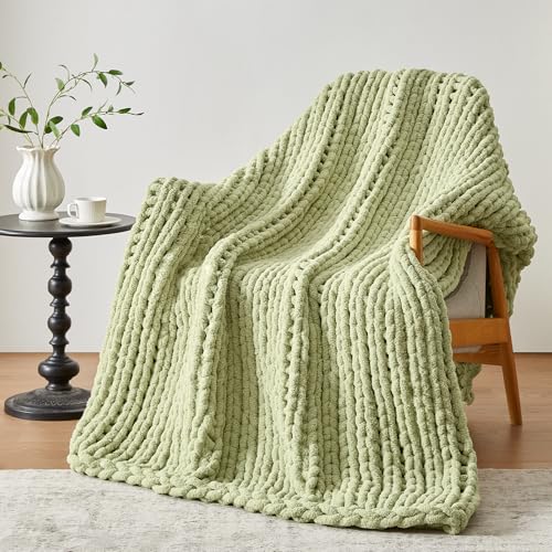 Negwoo Chunky Knit Throw Blanket, Knitted Throw Chenille Yarn, 40"*50" | Soft Thick Cable Knitted Blankets, Handmade Big Thick Blanket, Machine Washable Cute Comfy Blanket for Home Decor,Light green - color: Light Green, size: 40"x50"