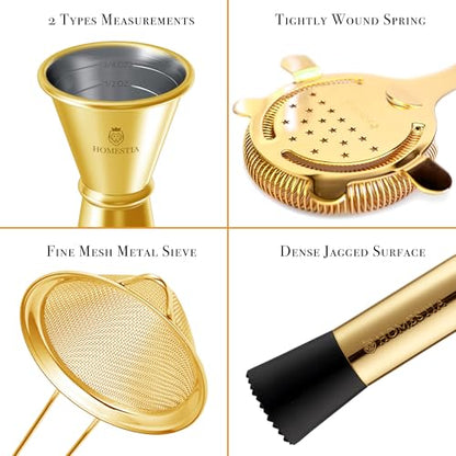 Homestia 12 Pieces Boston Cocktail Shaker Set, Mixology Bartender Kit, Gold | Stainless Steel Bar Set Accessories, 18 oz/28oz Weighted Boston Shaker Tins, Martini Shaker Mixing Tools for Home Bartending - color: Gold