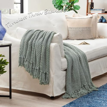 Chanasya Premium Textured Knit Throw Blanket with Tassels - Soft, Cozy Blanket for Couch, Bed, Living Room - 50" x 65” - Tan Sage - color: A(tan Sage)