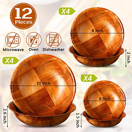 Didaey 12 Pcs Wooden Salad Bowl Set Wooden Bowls for Snack Wood Stackable Round Serving Woven Bowl for Kitchen Meal Party and Salad Fruit Vegetable Snack, 6/8/10 Inch