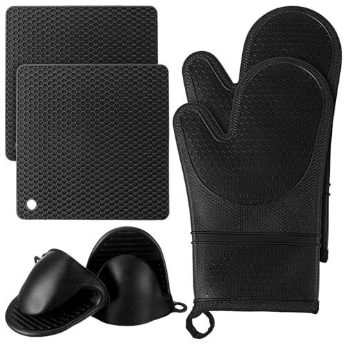 6 Pcs Oven Mitts and Pot Holders Sets for Kitchen, Extra Long Silicone Oven Gloves High Heat Resistant 500 Degrees Non-Slip Potholders Hot Pads for Baking Cooking (Black)