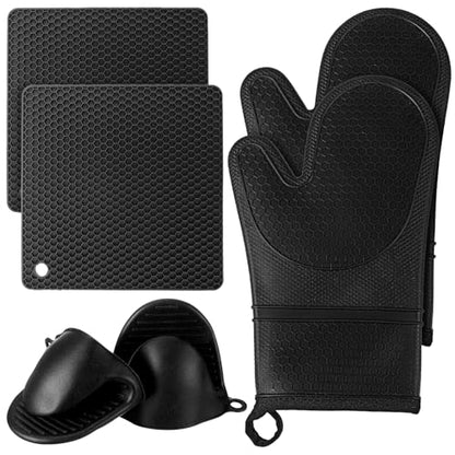 6 Pcs Oven Mitts and Pot Holders Sets for Kitchen, Extra Long Silicone Oven Gloves High Heat Resistant 500 Degrees Non-Slip Potholders Hot Pads for Baking Cooking (Black)