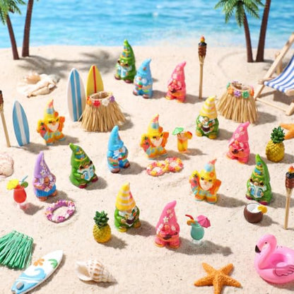 Yaomiao 60 Pcs Mini Hawaii Gnome Figurines Summer Tiny Resin Statues Starfish Plumeria Gnomes Figures Resin Gnome Decorations for Beach Hawaiian Party Favor Gift Tiered Tray Decor - style: Summer Hawaii