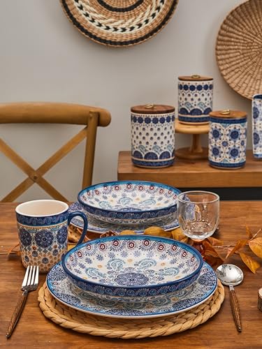 Bico Blue Talavera Pasta Bowls, 35oz Salad Bowl Set of 4, Large Ceramic Serving Dinner Bowls for Soup and Cereal, Microwave and Dishwasher Safe, Gift for Housewarming and Thanksgiving - color: Blue Talavera