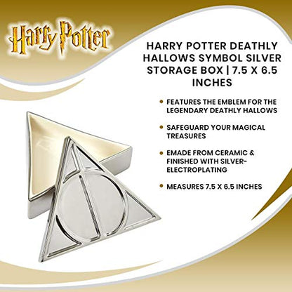 Harry Potter Deathly Hallows Silver Trinket Box - Ceramic Deathly Hallows Symbol Design with Lid - Great Gift for Any Fan - 12 oz