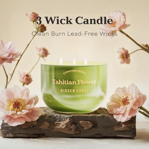 Hidden Label Tahitian Flower Candle, 18oz 3 Wick, 70H Tropical | Sage Green Glass Bowl | Mirror Gold Lid | Exotic Floral Scent | Non Toxic Soy Wax - color: Tahitian Flower