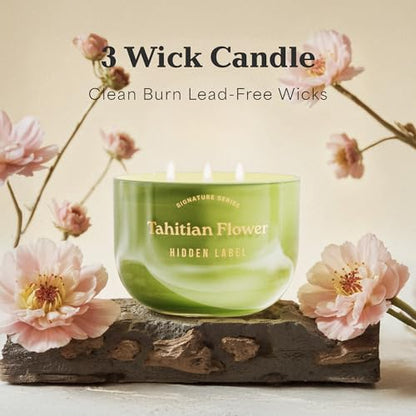 Hidden Label Tahitian Flower Candle, 18oz 3 Wick, 70H Tropical | Sage Green Glass Bowl | Mirror Gold Lid | Exotic Floral Scent | Non Toxic Soy Wax - color: Tahitian Flower
