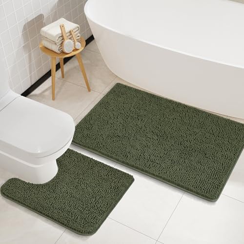LOCHAS Bathroom Rugs Sets 2 Piece, 20''x20'' & 34''x21'', Olive Green | Non Slip U-Shaped Toilet Rug, Chenille Washable Absorbent, Soft Bath Mat Set for Shower, Sink - color: Olive Green