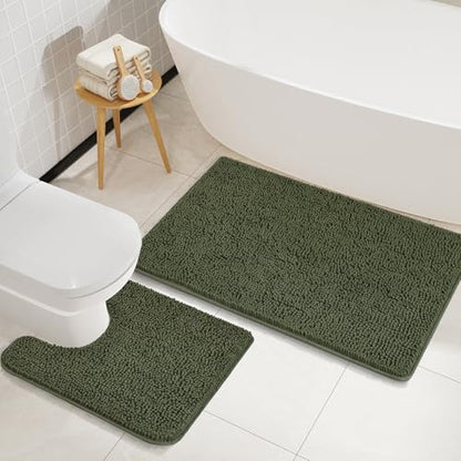 LOCHAS Bathroom Rugs Sets 2 Piece, 20''x20'' & 34''x21'', Olive Green | Non Slip U-Shaped Toilet Rug, Chenille Washable Absorbent, Soft Bath Mat Set for Shower, Sink - color: Olive Green