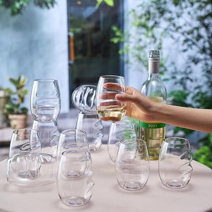 Unbreakable European Plastic Crystal, Stemless Wine Glasses | Set of 12, 13.5 OZ | Acrylic Tritan Set with 3-Finger Indentations - Clear Short Tumbler Set, BPA Free, Reusable, Naturally Aerates Wine - color: Clear, size: Set of 12