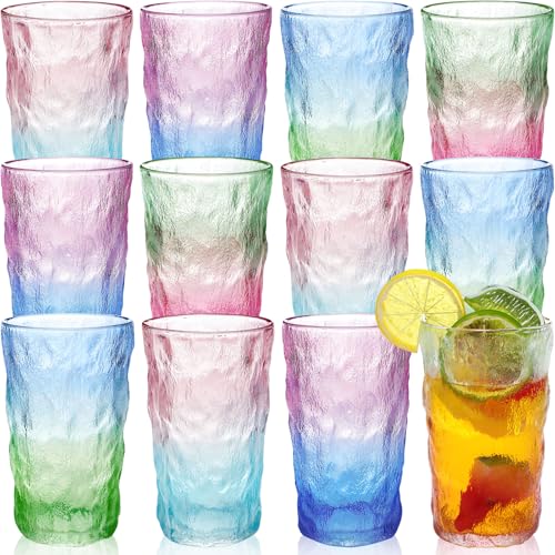 Maxdot 12 Pcs Gradient Drinking Glasses 10oz Colored Vintage Water Cups Iridescent Glass Tumbler Rainbow Glassware Glacier Pattern Bulk Tumbler for Home Bar Beverage Water Juice Wine Beer