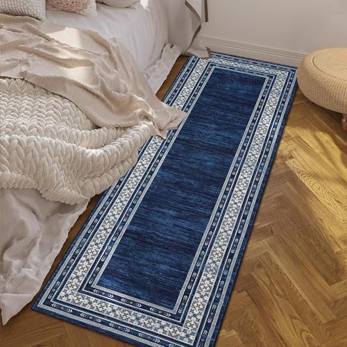 Modern Washable Runner Rug 2x6 Non Slip Bordered Solid Area Rugs, Washable Kitchen Mats Bedside Rug, Stain Resistant Soft Bathroom Carpet, Foldable Runners for Hallways, Entryways, Blue | Non Slip Non Shedding Stain Resistant Neutral Textured Solid Foldab