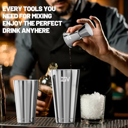 IOV Boston Cocktail Shaker Bar Set, Bartender Kit Drink Mixer Set with 18 oz & 28 oz Boston Shakers, Hawthorne Strainer, Double Jigger, Bar Tool Kit and Recipe Booklet - Silver - color: 3 Pcs - Silver