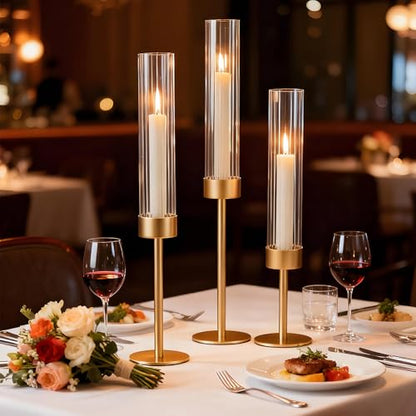 Garvee Gold Hurricane Candle Holders Set of 6, Taper Candlestick Holders with Ribbed Glass Cylinder Sleeves, Elegant Table Centerpiece for Wedding, Birthday, Christmas, Home Decor - size: 6