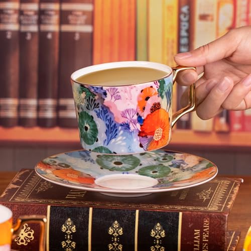 KAMMAK Tea Cups and Saucers Set of 2, Fine Bone China Coffee Cups, 569N | Stackable Espresso Mugs, Ceramic Demitasse for Coffee, Cappuccino, Latte, Americano, Tea - size: 7KPSP569N+570N