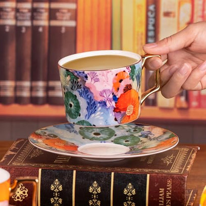 KAMMAK Tea Cups and Saucers Set of 2, Fine Bone China Coffee Cups, 569N | Stackable Espresso Mugs, Ceramic Demitasse for Coffee, Cappuccino, Latte, Americano, Tea - size: 7KPSP569N+570N