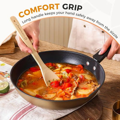 Wooden Spoons for Cooking Bamboo Utensils Set (6 Pieces) - Essential Tools Wooden Spoons & Spatula for Everyday Stirring, Mixing, Flipping & Serving, Gentle on Nonstick Cookware