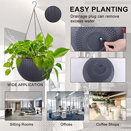 Vencer 11 Inch Round Resin Rattan Hanging Planters,Grey,VF-A15-G | Self Watering,Drain Hole,Metal Chain,Water Indicator,Indoor Outdoor - color: Gray