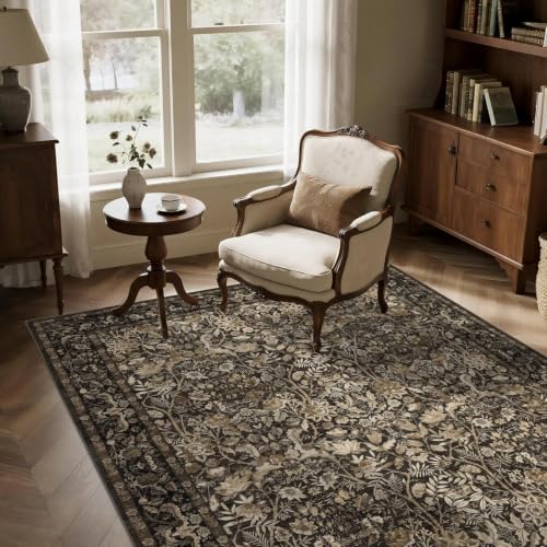Vintage Floral Area Rug 4x7: Soft Washable Brown Carpet Living Room | Oriental Style Perfect for Sofa Area Bedroom Study Non-slip Stain Resistant Easy to Clean Low-Pile 0.2in Fits under Furniture - color: Brown and Gold, size: 4' x 7' (Rectangular)