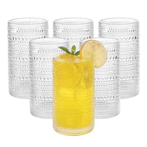Vintage Hobnail Drinking Glasses Set of 6, 16 oz Large Capacity Embossed Clear Tumblers, Highball Glasses for Water, Cocktail, Beer, Whiskey, Kitchen & Bar Use - color: Set of 6 Clear