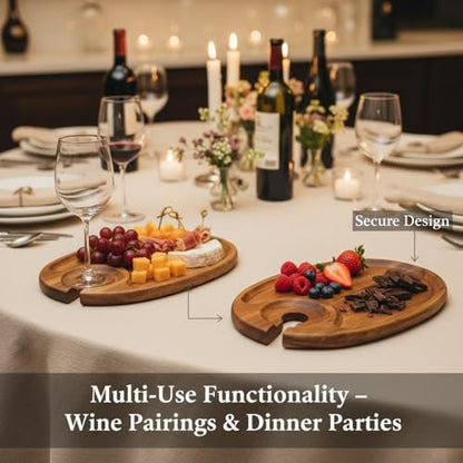 6-Piece Acacia Wood Wine Appetizer Plate Set with Wine Glass Slot 9 x 6 x 0.5 Inch Individual Charcuterie Boards Mini Cheese Board and Snack Tray for Parties Gifts