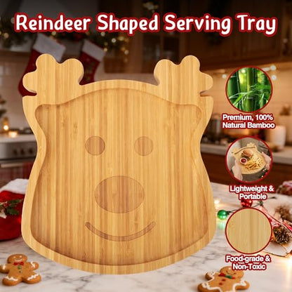 WILLKOMMEN Christmas Serving Tray, Bamboo Reindeer Shaped Serving Platter, Charcuterie Board Serving Dishes 10" x 9" for Party Cookie Fruit Tray Cheese Board Plate - color: Christmas Reindeer Shaped