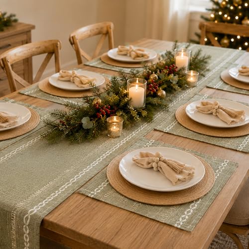 Boho Table Runner and Placemats Set of 6, Modern Farmhouse Dining Table Setting Decor with 1pcs Runner, 12pcs Mats, 6pcs Napkins, 6pcs Wood Bead Rings for Kitchen Party