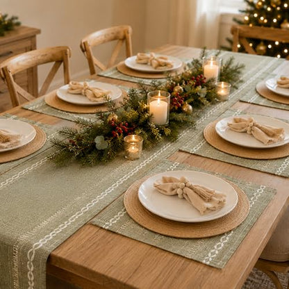 Boho Table Runner and Placemats Set of 6, Modern Farmhouse Dining Table Setting Decor with 1pcs Runner, 12pcs Mats, 6pcs Napkins, 6pcs Wood Bead Rings for Kitchen Party