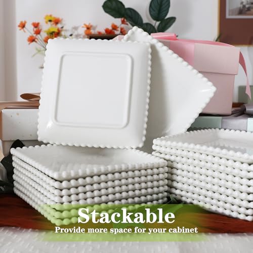 6 IN Porcelain Dessert Plates, White Appetizer Dinnerware, 12 Pcs | Square Pearl Dots, Scratch Resistant, Microwave Safe, Oven Safe, Dishwasher Safe - size: 6 Inch - 12P