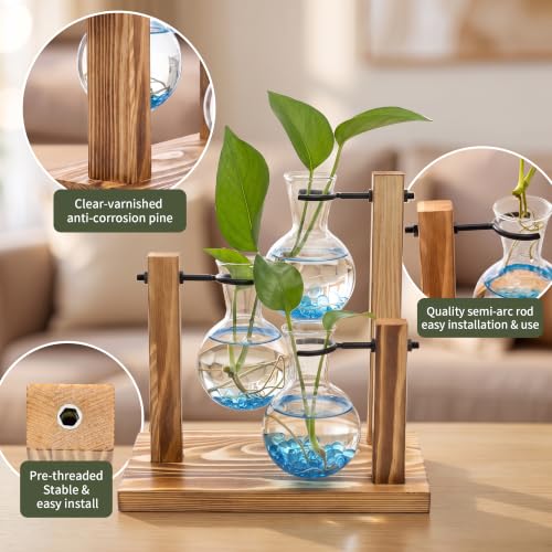 Plant Propagation Station，Hydroponic Glass Bulb Vase with Wooden Stand Decorative Propagation Stations with Blue Glass Beads for Home Desk Office Gardening Gifts for Mom Women Plant Lovers