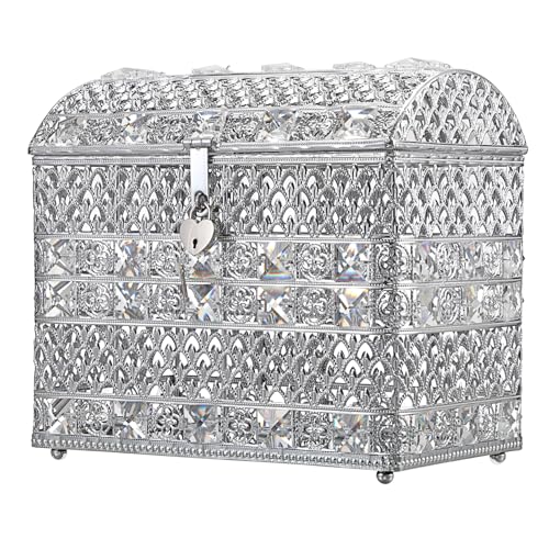 ELLDOO Crystal Wedding Card Box with Heart Lock, Vintage Money Card Box Treasure Chest Style Silver Gift for Wedding Receptions, Centerpiece Decor, Anniversary Keepsake, Gift, Small Size - color: Silver, size: Small