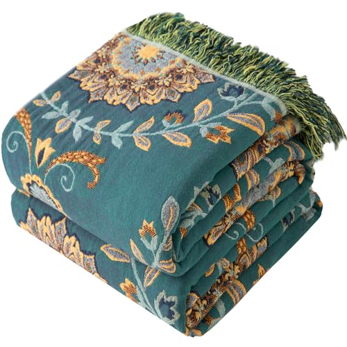Phuryllic Boho Throw Blanket Twin Size, Soft Cozy Cotton Muslin Quilt Blanket for Bed Decor, Floral Patterned Couch Sofa Chair Cover, Vintage Farmhouse Cottage Tapestry Woven Blanket, Green&Beige - color: Emerald Mystery, size: 60" x 80"