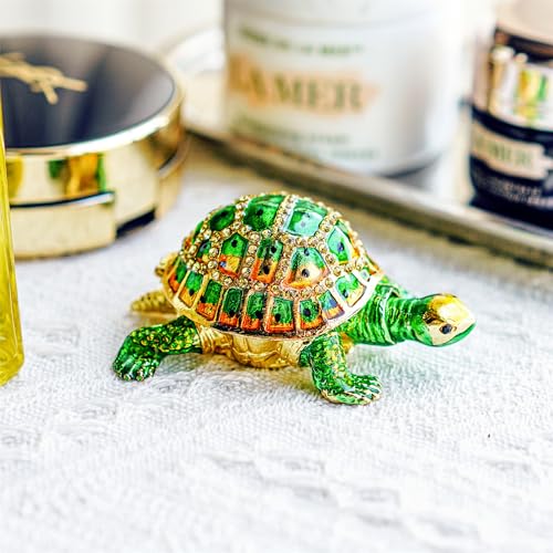 YU FENG 3 Inch Turtle Trinket Box, Crystal Hinged Jewelry Box Collectible | Hand-Painted Enamel Finish, Sparkling Crystal Accents, Ring & Earring Holder, Sea Turtle Figurine, Gift for Turtle Lovers - color: bright green