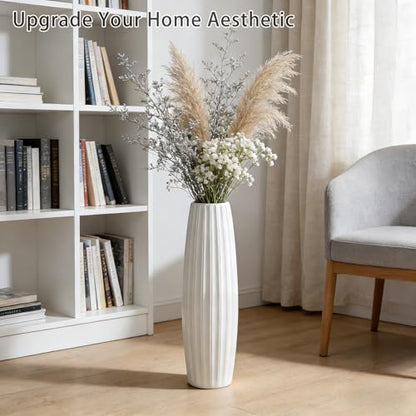 White Tall Ceramic Floor Vase, 24 Inch, Ribbed Drum Design | Glossy Glazed Finish, Living Room, Fireplace, Entryway, Pampas Grass - color: Vertical Stripes, size: Height-24 Inch