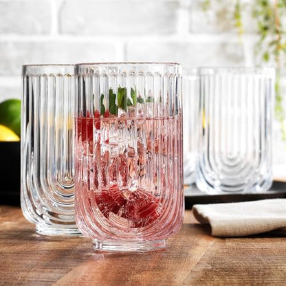 Glaver's 16-Piece Drinking Glass Set, Art Deco Ribbed Arch Design, Clear U-Shape Glassware, 17oz Highball and 11oz DOF Glasses - style: Clear S/16 17oz 11oz