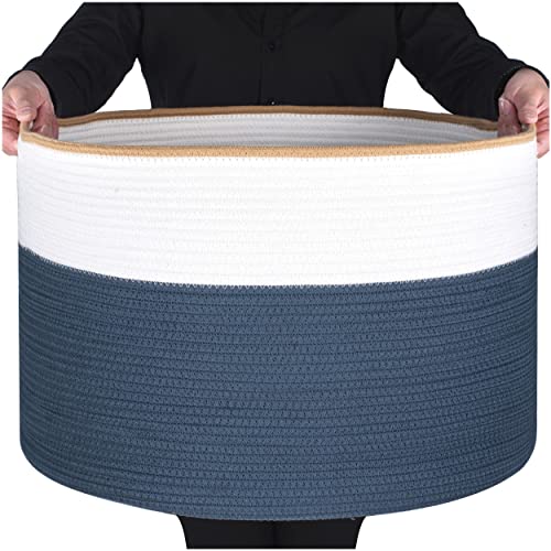 Extra Large 22 x 14 Inches Decorative Woven Cotton Rope Blanket Storage Basket Bin Living Room and Laundry Hamper for Pillows, Pool Towels, Dog Toys, Shoes, Prussian Blue - color: Prussian Blue